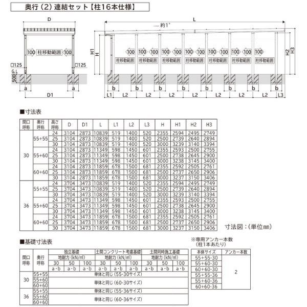 【商品のみ】カーポート 2台用 YKK YKKAP ジーポート Pro 6000タイプ  横材なし 明かり取りなし 奥行(2)連結柱16本 J55･60-36 H25(凍上柱) 木調色