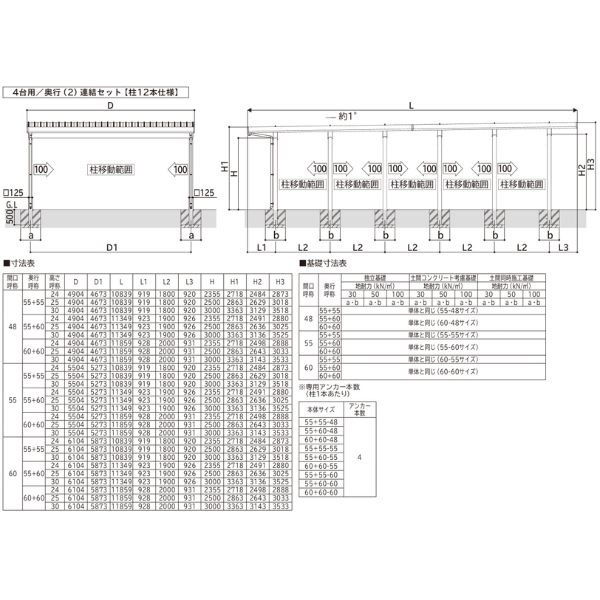 【商品のみ】カーポート 4台用 YKK YKKAP ジーポート Pro 6000タイプ  横材なし 明かり取りなし 奥行(2)連結柱12本 J60･60-55 H23 アルミ色