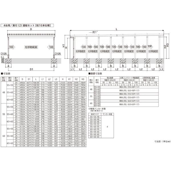 【商品のみ】カーポート 4台用 YKK YKKAP ジーポート Pro 6000タイプ  横材なし 明かり取りなし 奥行(2)連結柱16本 J55･55-48 H25 アルミ色