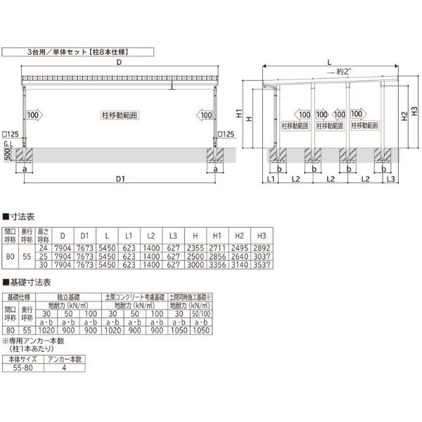 【商品のみ】カーポート 3台用 YKK YKKAP ジーポート Pro GR3000タイプ 横材なし 明かり取りなし 単体柱6本 55-80 H30 木調色