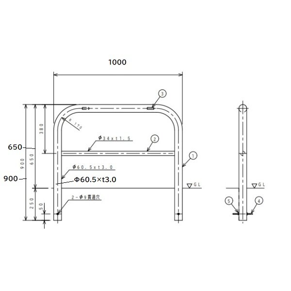 サンキン 車止め S6B-10 ゲートタイプ ステンレス製 HL研磨仕上 固定式 横桟付 