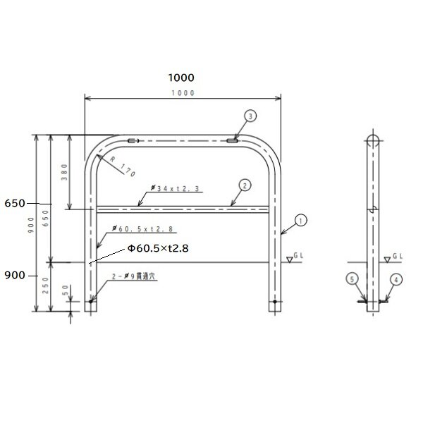 サンキン 車止め F6B-10 ゲートタイプ スチール製 亜鉛メッキ鋼管･焼付塗装 固定式 横桟付 