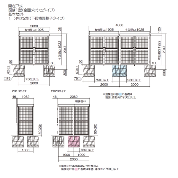 【法人様限定商品 個人宅・現場配送不可】四国化成 ゴミストッカーAMR2型 開き戸式 積雪荷重3000N/m2 メッシュ+横面格子 基本セット GAMR2T-GU2020 『ゴミ袋（45L）集積目安 153袋、世帯数目安 77世帯』 ステンカラー