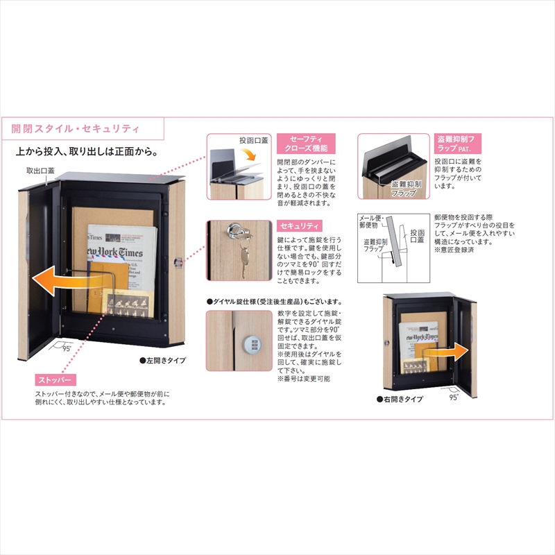 ユニソン ヴィコ WH ダイヤル錠 左開きタイプ 上入れ前出し 木目調 『郵便ポスト』 ウォールナット