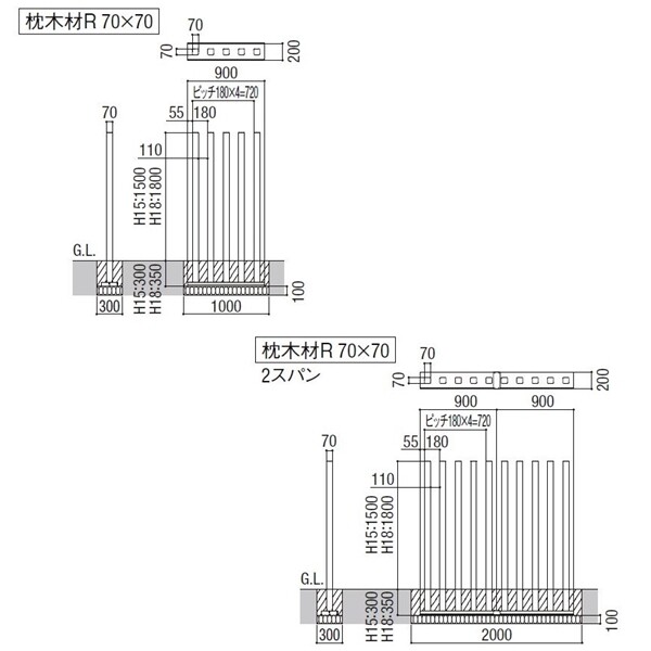 リクシル デザイナーズパーツ スリットスクリーン 枕木材R 70×70 H15 アルミ形材色 5本組 『外構DIY部品』 