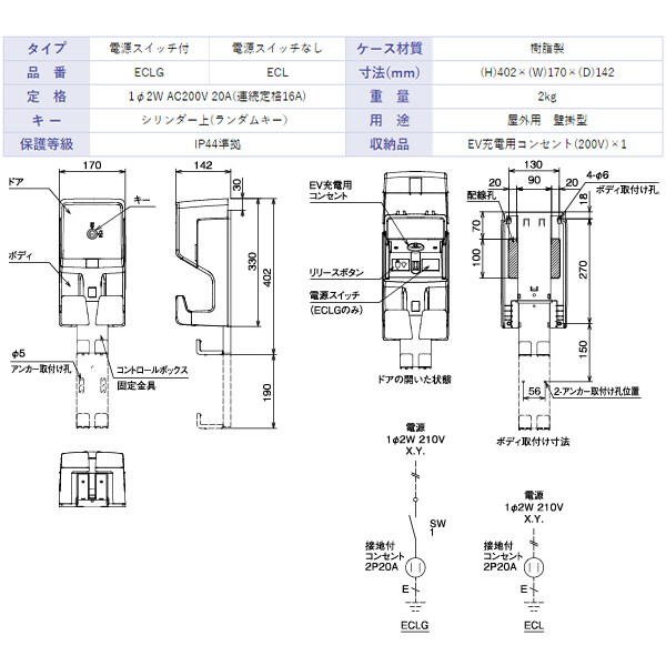 Kawamura 河村電器産業 EVコンポライト 樹脂製壁掛型 ECL 電源スイッチなし 『 EV PHV 電気自動車 プラグインハイブリッド 充電 V2H 』 