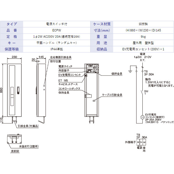 Kawamura 河村電器産業 EVコンポプライム 壁掛型 ECPW 『 EV PHV 電気自動車 プラグインハイブリッド 充電 V2H 』 