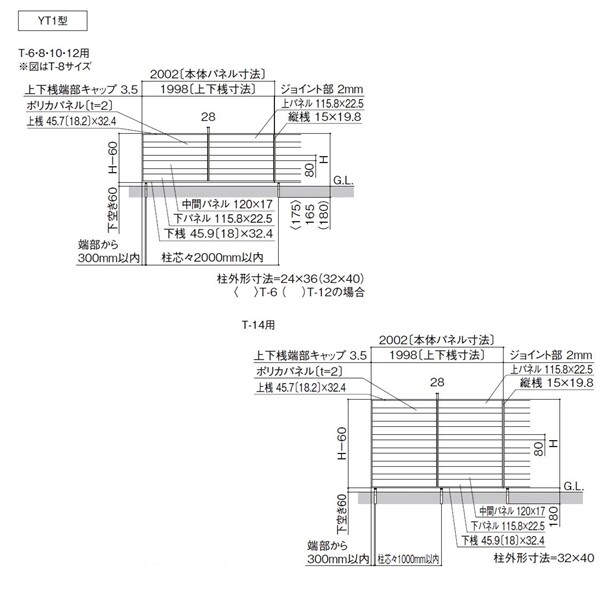 リクシル フェンスAA YT1型 T-6 本体 『アルミフェンス 柵』 