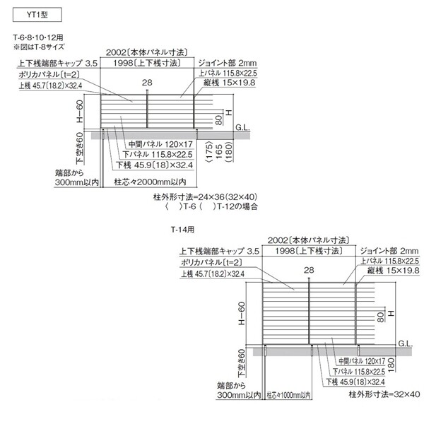 リクシル フェンスAA YT1型 T-8 本体 『アルミフェンス 柵』 
