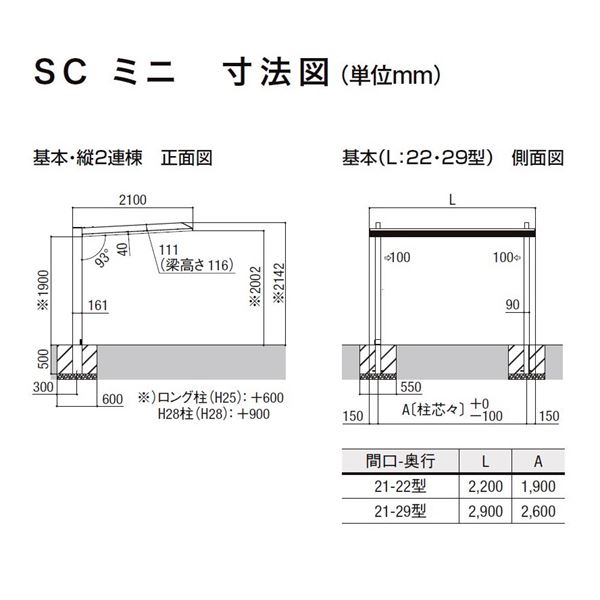 リクシル カーポート SC ミニ 縦2連棟 21-22型 ロング柱（H25） 『LIXIL』『自転車置場サイクルポート自転車屋根』 