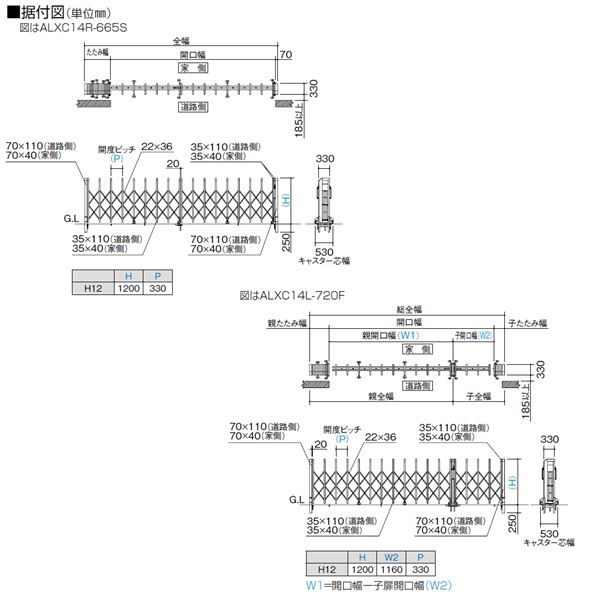 【法人様限定商品 】四国化成　ALX2　固定キャスター　ALXＣ12□-N1220SSC　片開き　『カーゲート　伸縮門扉』 