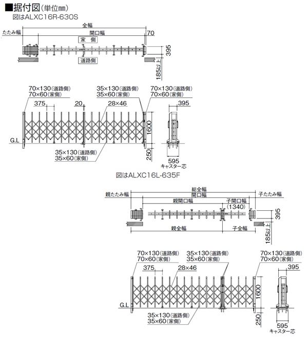 【法人様限定商品 】四国化成　ALX2　固定キャスター　ALXＣ16□-595ＦSC　親子開き　『カーゲート　伸縮門扉』 