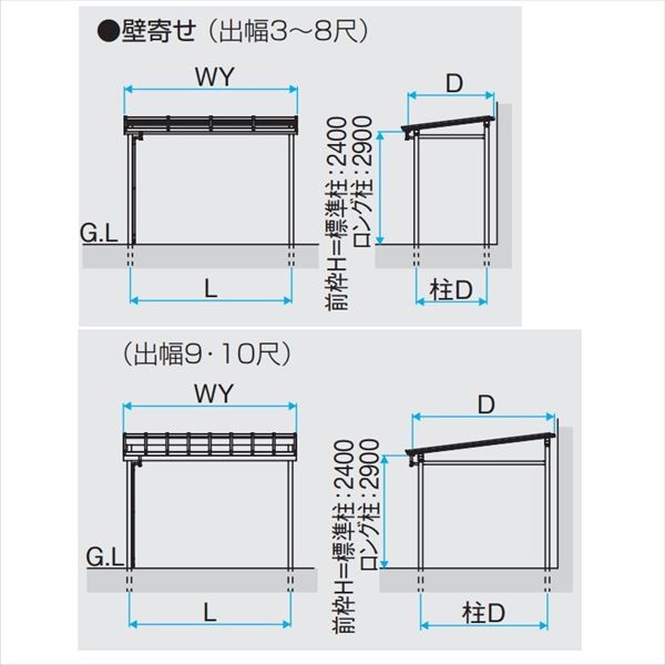 三協アルミ ナチュレ　テラスタイプNY型 壁寄せ納まり　ロング柱　600タイプ　2.0間×10尺 関東間 単体TPYAA-P-1210 屋根：ポリカーボネート板 