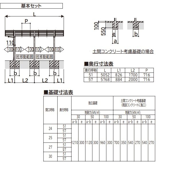 全国配送　YKKAPアリュース 1500タイプ 基本セット 51-24 標準柱 屋根/ポリカーボネート板 奥行:5052mm×幅:2399mm 有効高:2000mm　柱3本　1台用 