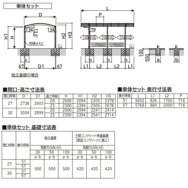 全国配送　YKKAPアリュース ワン 1500タイプ 基本セット 57-30H ハイルーフ柱 屋根/ポリカーボネート板  奥行:5768mm×幅:3034mm 有効高:2300mm　柱6本　1台用